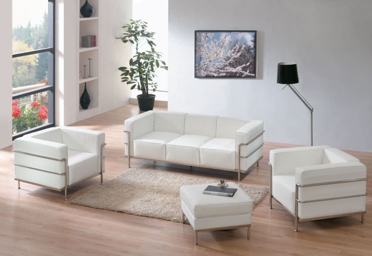 أثاث غرفة المعيشة أبيض-جلد-كرسي بذراعين-أريكة-أرضية خشبية -1929-لو-كوربوزييه-