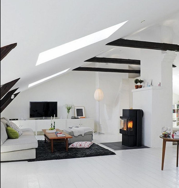 غرفة معيشة بيضاء - أثاث - إسكندنافي - خشب - مفتوح - رمادي - منسوجات منزلية