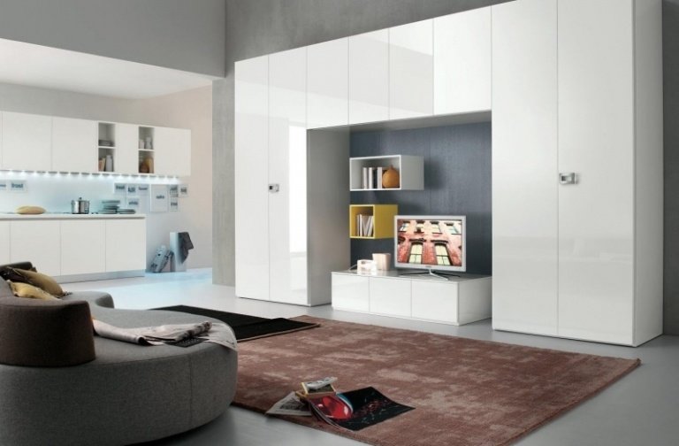 خزانة ملابس بيضاء - وحدة حائط حديثة - مساحة تخزين - شقة من غرفة واحدة