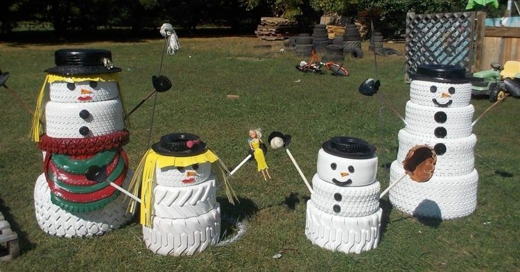 اصنع زينة الحديقة الخاصة بك لعيد الميلاد مع الإطارات القديمة - رجال الثلج المضحكين