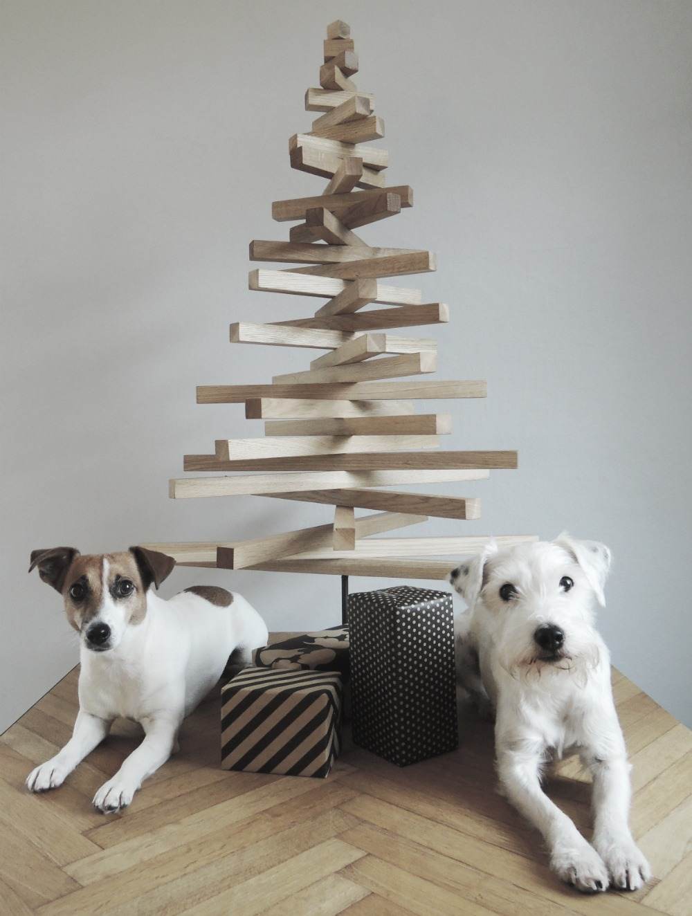 يجلس كلبان صغيران بجوار شجرة التنوب المصنوعة من الخشب الطبيعي بأسلوب بسيط