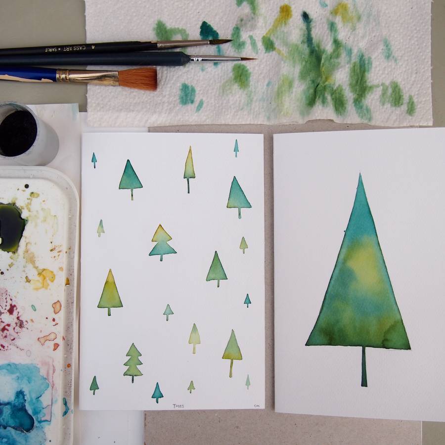 بطاقات عيد الميلاد مع ألوان مائية أو تعليمات الرسم بالألوان المائية لشجرة عيد الميلاد