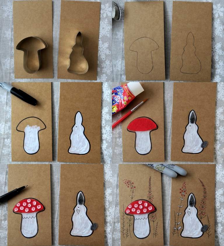 قم بطلاء بطاقات عيد الميلاد الخاصة بك بأشكال الأرنب والفطر باستخدام قاطع ملفات تعريف الارتباط. تعليمات بطاقات المعايدة