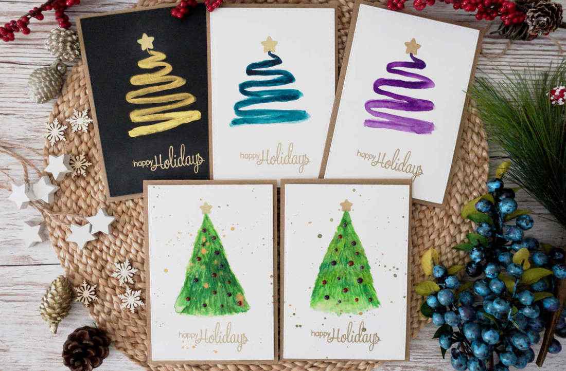 قم بطلاء بطاقات عيد الميلاد الخاصة بك تعليمات DIY لبطاقات التهنئة بعيد الميلاد بالألوان المائية قم برسم شجرة عيد الميلاد