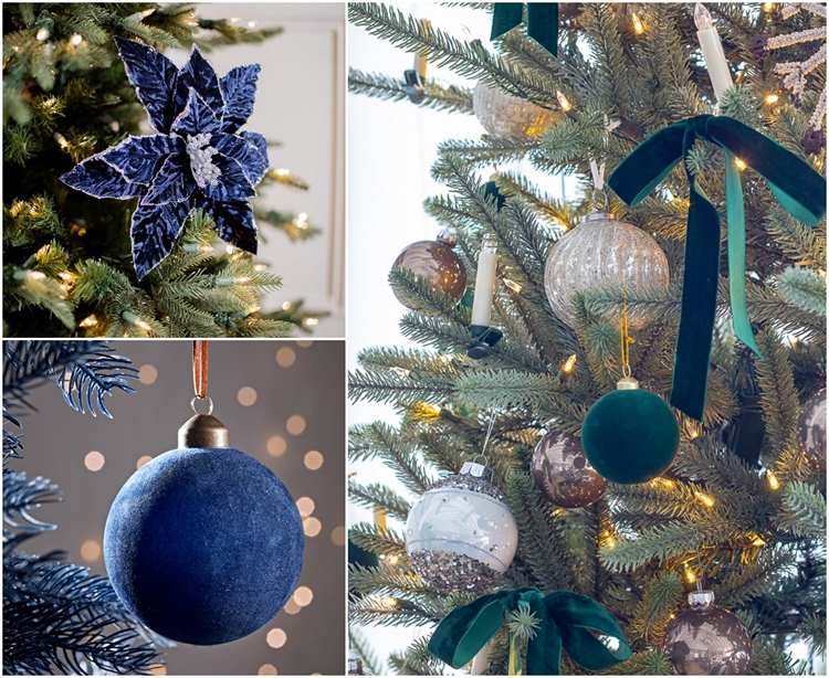 زينة شجرة عيد الميلاد مصنوعة من المخمل بألوان نبيلة مثل الزمرد الأخضر أو ​​الياقوت الأزرق