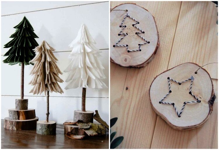 شجرة عيد الميلاد وزخارف مصنوعة من الخشب