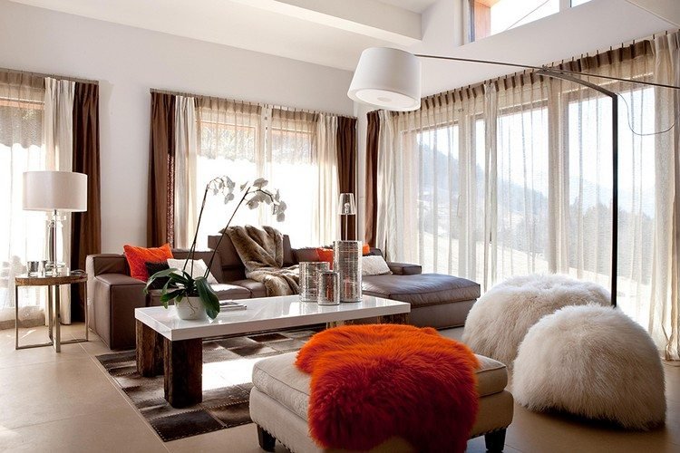 غرفة المعيشة الحديثة أريكة البني لهجات البرتقالي