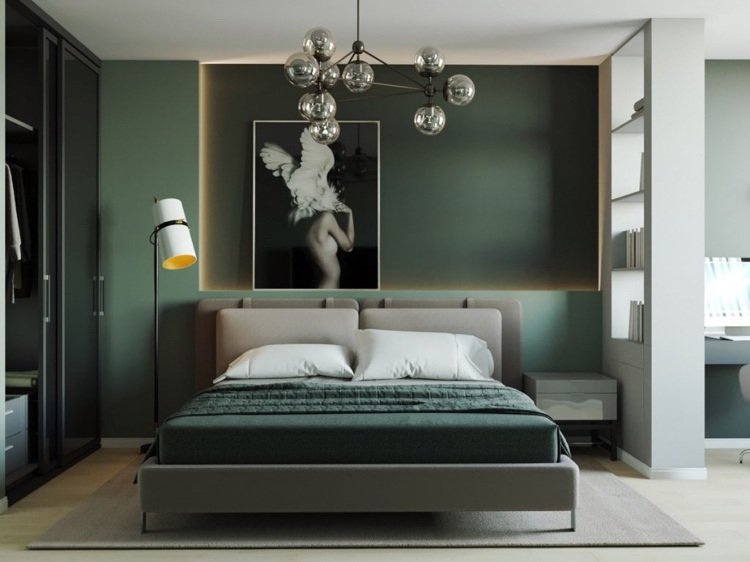 فورست جرين كلون حائط لغرفة النوم بأفكار حديثة لتصميم الجدران ومجموعات الألوان مع اللون الرمادي