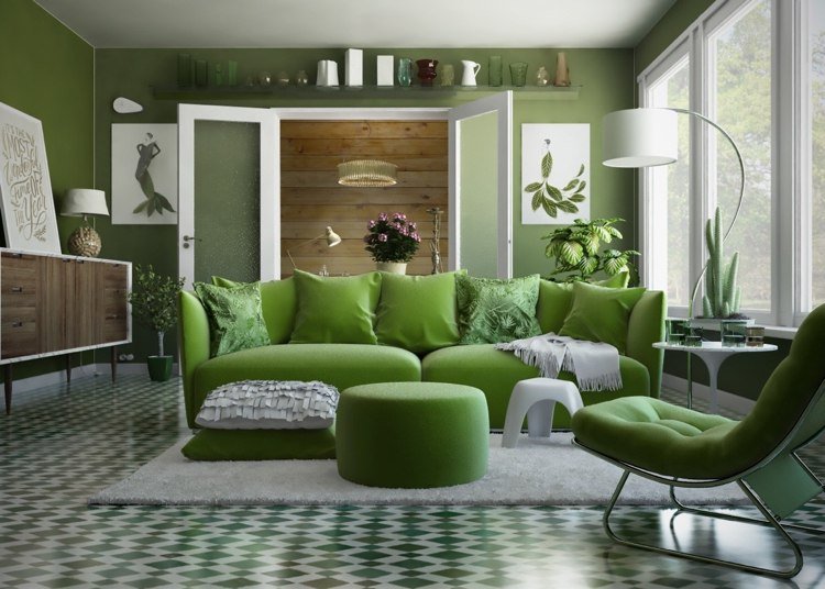 دهان حائط أخضر ليموني لغرفة المعيشة بأسلوب عتيق