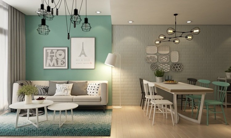 لون الجدار الأخضر الليموني الفاتح في غرفة المعيشة وتأثيره مع الأبيض والرمادي