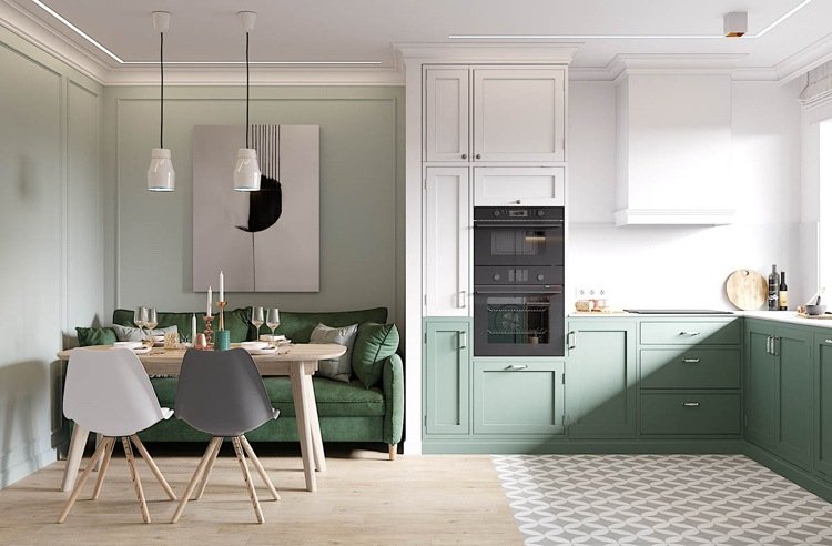 طلاء جدران من اليشم الأخضر في غرفة المعيشة في المطبخ بأسلوب إسكندنافي أفكار لتصميم الجدران باللون الأخضر