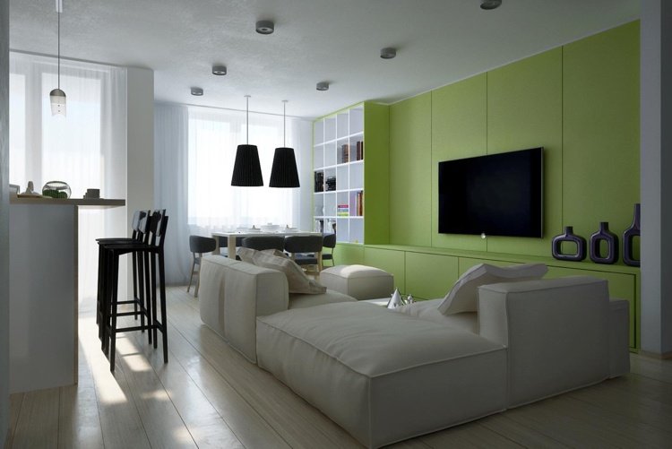 دهان التفاح الأخضر للجدران في غرفة المعيشة بأفكار كريمية وألوان عارية للتركيبات