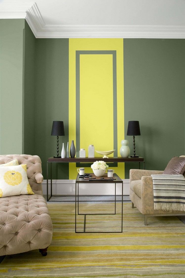 ديكورات غرف معيشة باللون الاخضر - تركيبة - اصفر - بيج - كرسي بذراعين