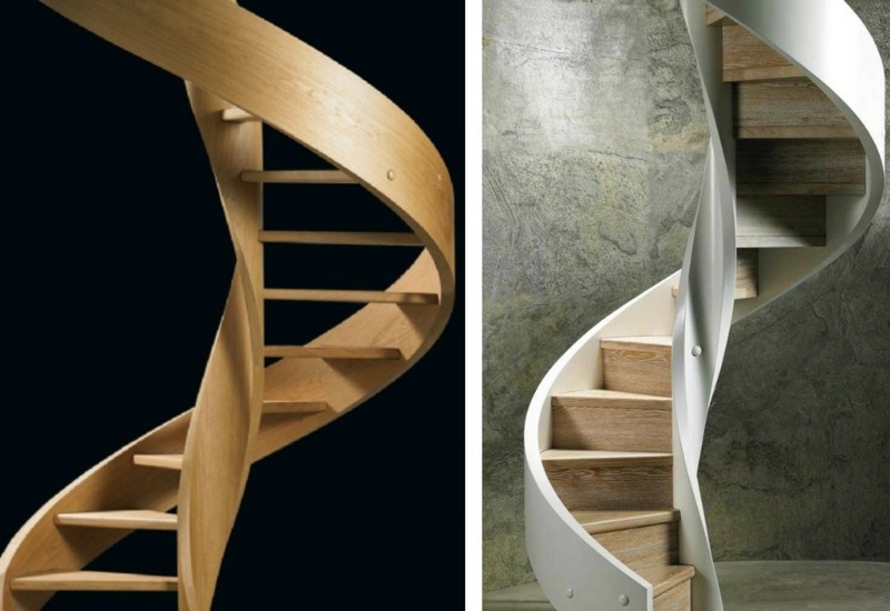 تصميم الدرج اللولبي الخشب الأبيض الساطع الجص الرمادي travertino