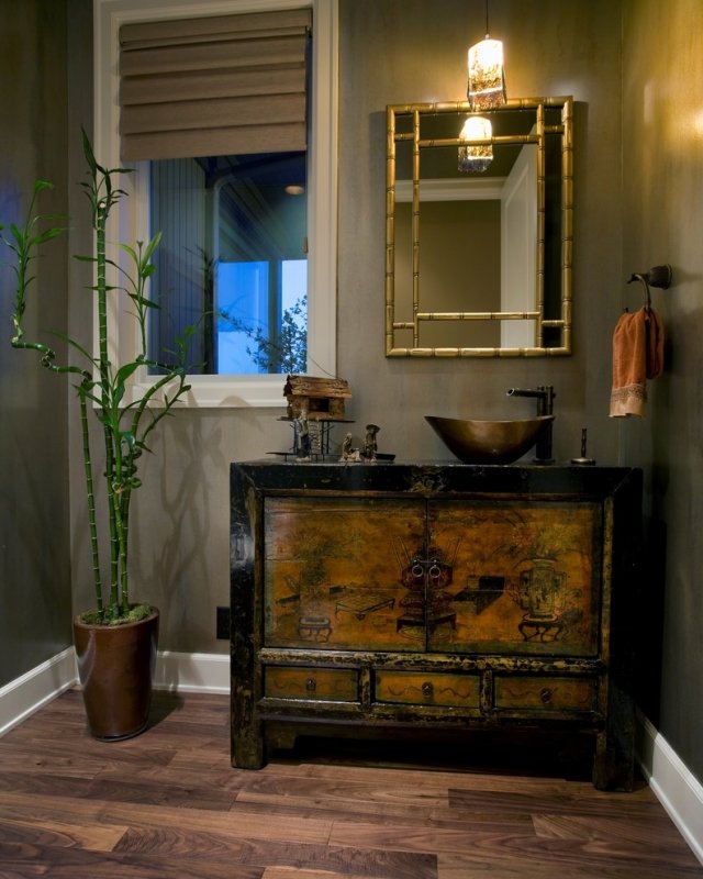 تصميم الحمام على الطراز الآسيوي خمر الغرور الخشب الخيزران إطار المرآة