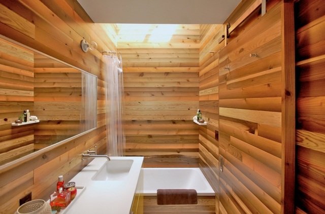 تصميم حائط - ارضيات خشبية - حمام - زن - اجواء - بانيو - كوة