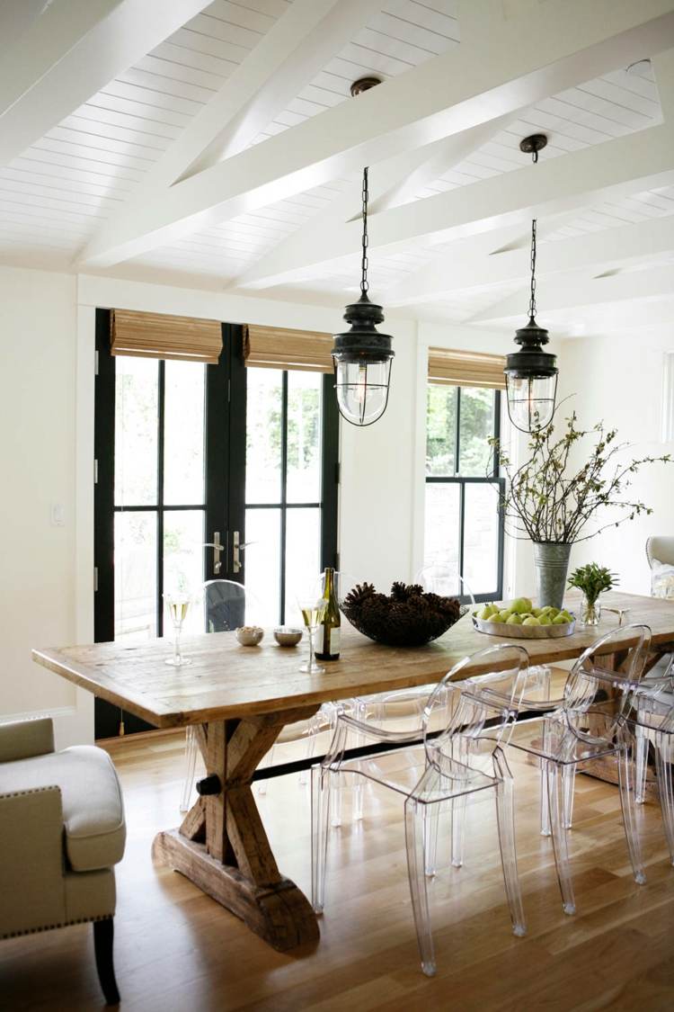 على الطراز الريفي ، أفكار أثاث غرفة الطعام البيضاء الحديثة ، كرسي زجاجي ، طاولة خشبية