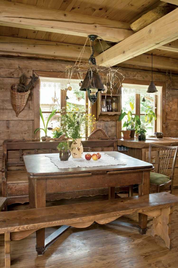 على الطراز الريفي ، مقاعد الزاوية ، أفكار أثاث غرفة المعيشة ، مصباح السقف ، طاولة خشبية