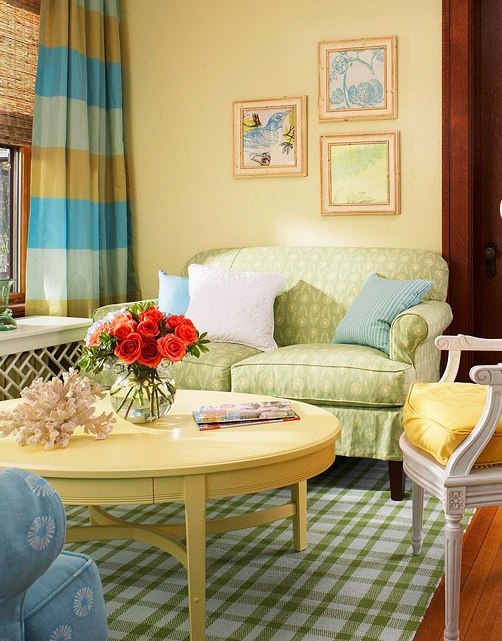 أفكار غرفة المعيشة الداخلية بألوان الربيع