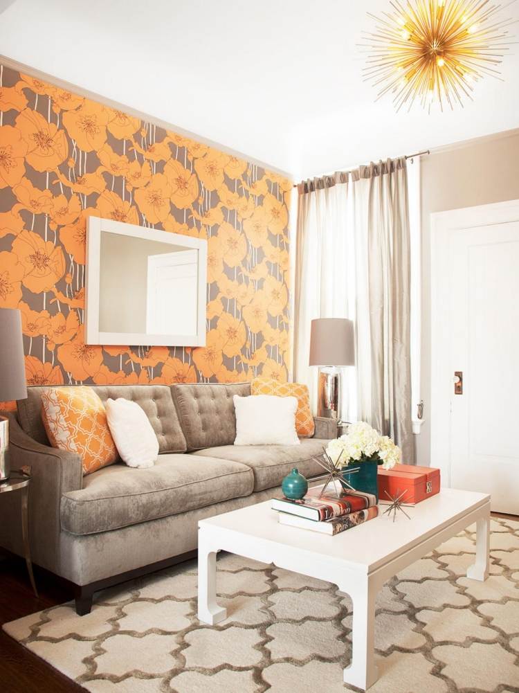 ورق حائط-غرفة معيشة-فكرة-برتقالي-رمادي داكن-كريم-الوان