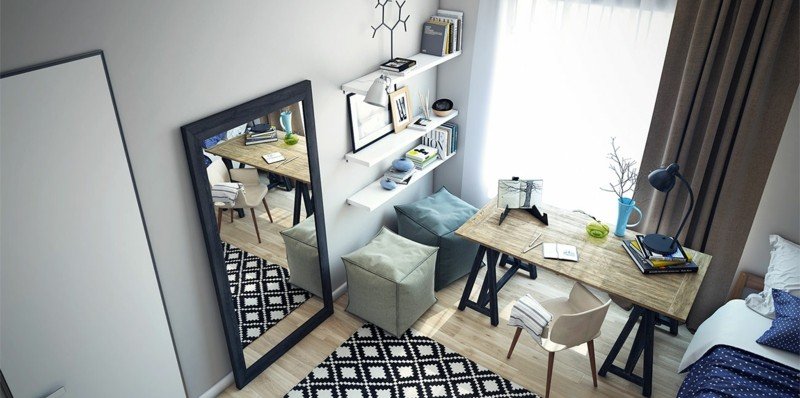 أفكار المعيشة للغرف الصغيرة شقة من غرفة واحدة ، سرير ، طاولة طعام ، مرآة ، كرسي