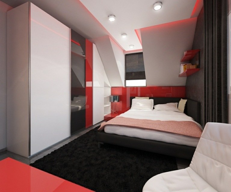 أفكار المعيشة غرف صغيرة أحمر أسود أبيض شديد اللمعان سجاد سرير مائل للسرير