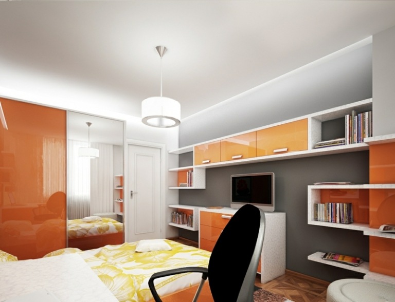أفكار المعيشة غرف صغيرة برتقالي عالي اللمعان وحدة حائط حديثة لغرفة النوم