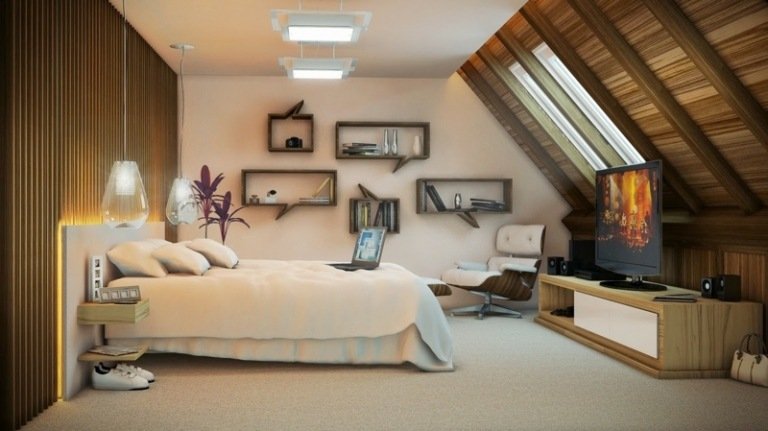 أفكار المعيشة غرف صغيرة سقوف منحدرة غرفة نوم إضاءة غير مباشرة منخفضة