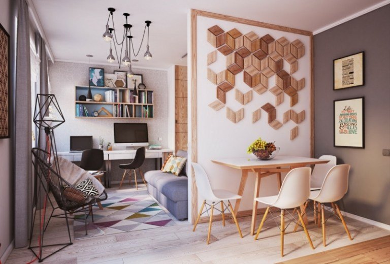 أفكار المعيشة للغرف الصغيرة غرفة المعيشة الجدار التقسيم غرفة الطعام الخشب ديكو هندسي
