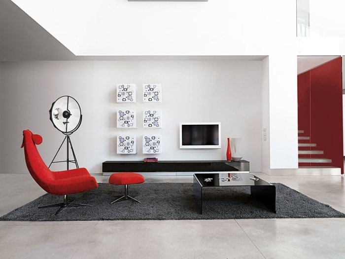 تصميم-امتداد-جدار-تخزين-أفكار-أنيقة-أثاث-استرخاء-كرسي بذراعين-أحمر