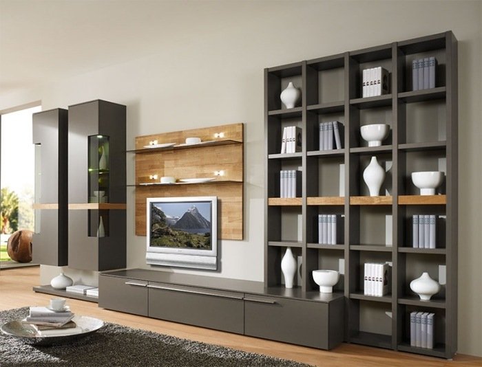 أثاث من الخشب الصلب - تصميم غرفة المعيشة - جدران ممتدة - نظام رفوف - لوحة تلفزيون