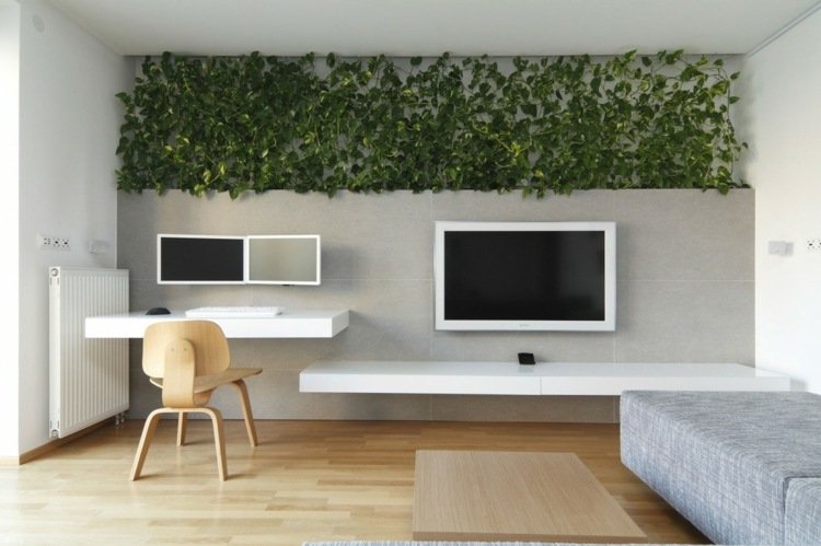 وحدة حائط-مكتب-بسيط-أنيق-لوحات-أبيض-رمادي-أريكة