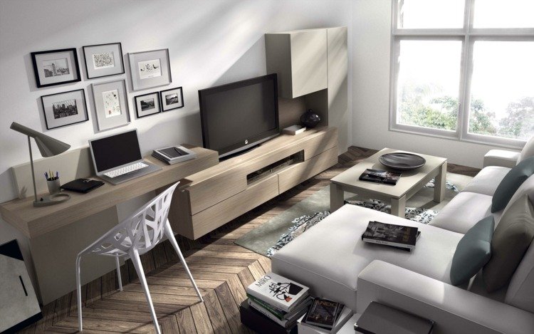 غرفة المعيشة-مكتب-تصميم-خشبي-جداريات-ركن-أريكة-رمادي فاتح