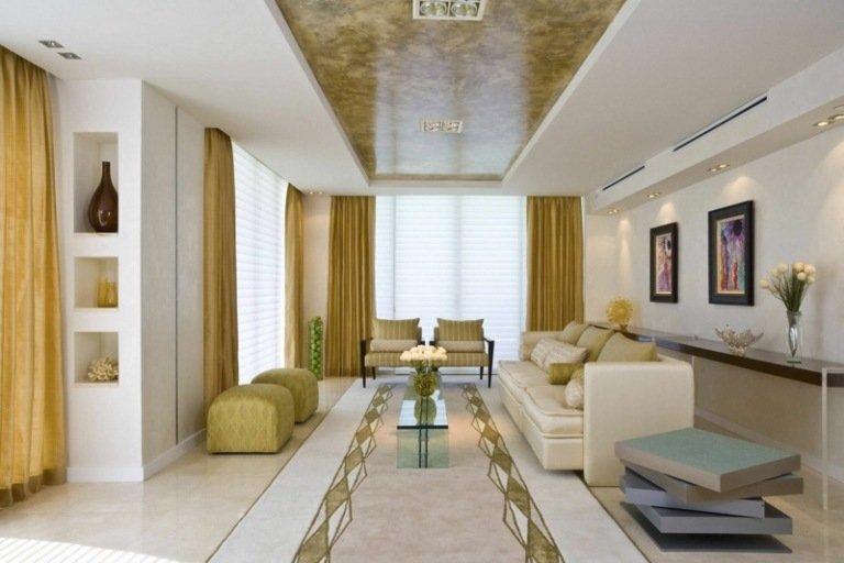 غرفة المعيشة تزيين الأثاث الأبيض الذهب لهجات تصميم السقف