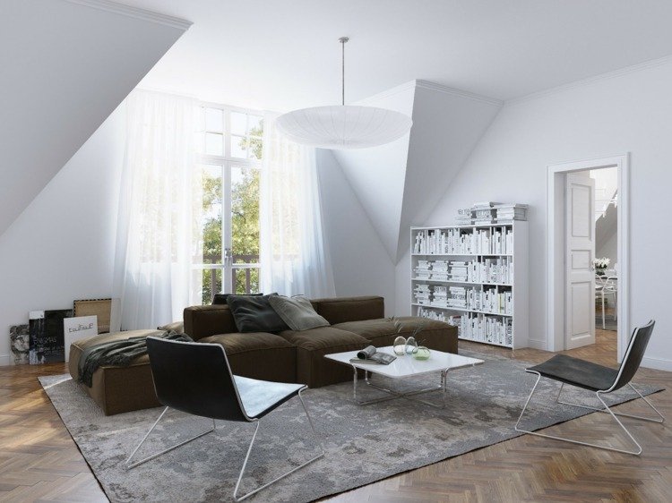 أفكار لغرفة المعيشة مع سجادة رمادية أحادية اللون من الأريكة البني