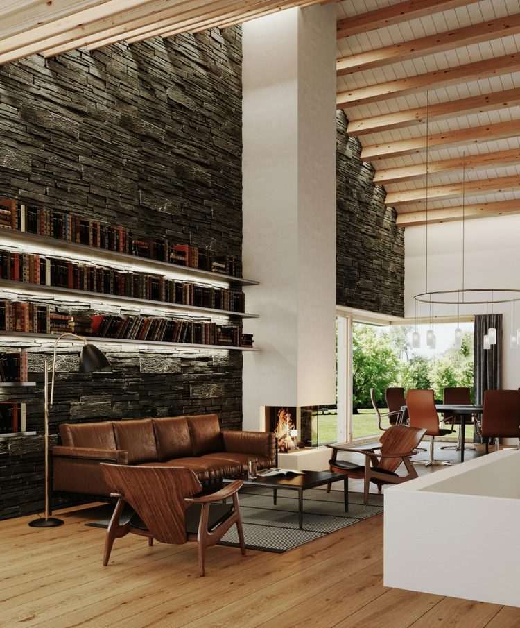 غرفة المعيشة-أفكار-بني-أريكة-جدار-تصميم-حجر-باركيه-كراسي-خشب