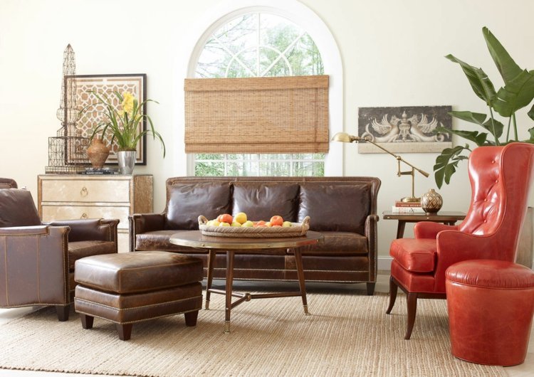 أفكار لغرفة المعيشة مع أريكة بنية مريحة - جلد - أحمر - كرسي - كرسي