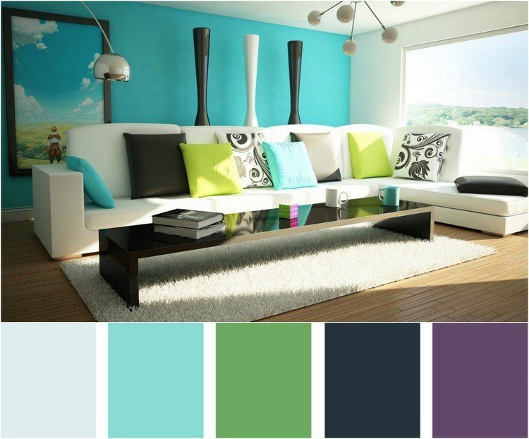 غرفة المعيشة في جدار الفيروز - لوحة ملونة - ملونة - تجمع بين - جدارية - طبيعة - أثاث - أنيق
