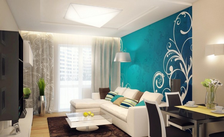 غرفة المعيشة-تركواز-ورق حائط-تصميم-تركواز-بني-ابيض-اضاءة غير مباشرة