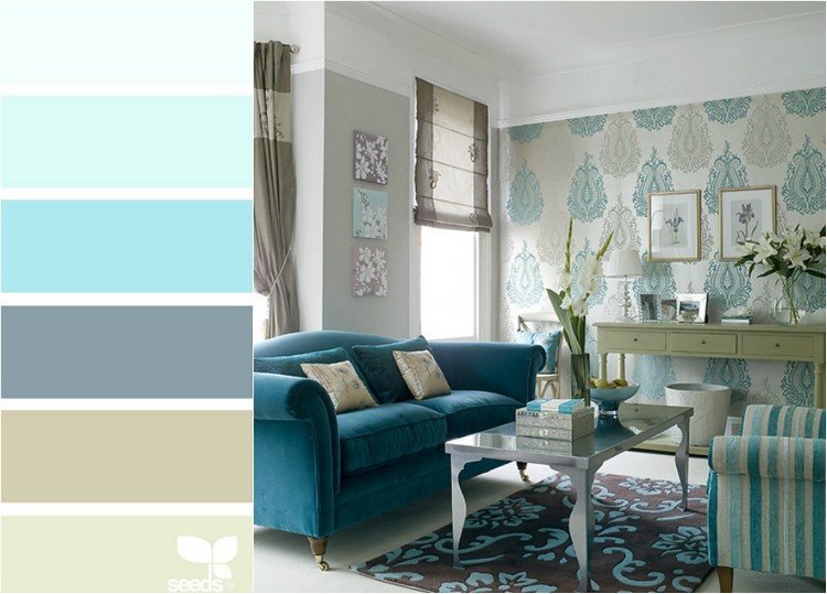 غرفة المعيشة-تركواز-ألوان-مجموعات-زرقاء-أريكة-نمط-بيج-ستائر-بني-سجادة
