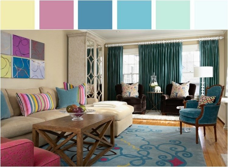 غرفة معيشة - تركواز - لوحة - ألوان - تركيبات - ملونة - داخلية - معيشة - أفكار
