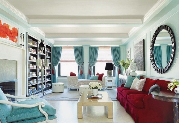 غرفة المعيشة-فيروزي-كرسي بذراعين-ستائر-دهان-أحمر-أريكة-صوفا-وسائد-منزل-مكتبة-حائط-مرآة