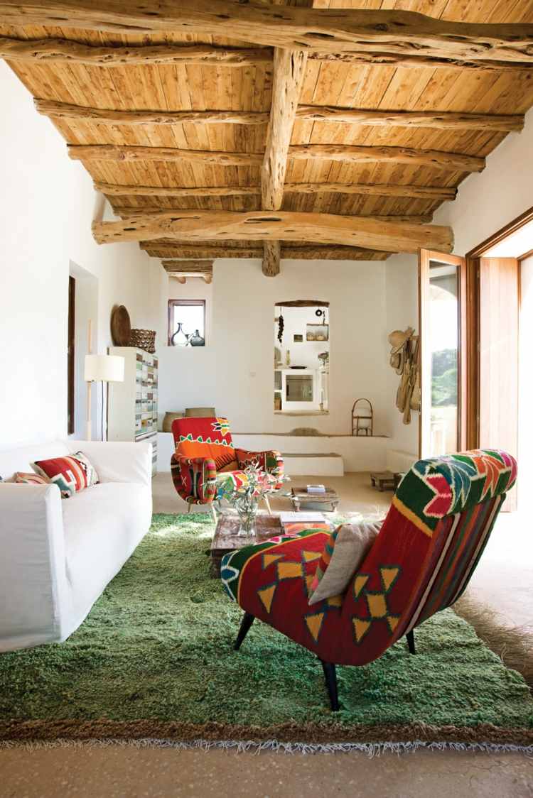 سجاد غرفة المعيشة المكسيكي نمط أخضر عميق كومة كرسي بذراعين سقف خشبي