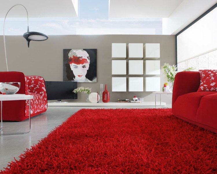 غرفة المعيشة السجاد كومة عميقة حمراء فكرة التصميم الداخلي البسيط