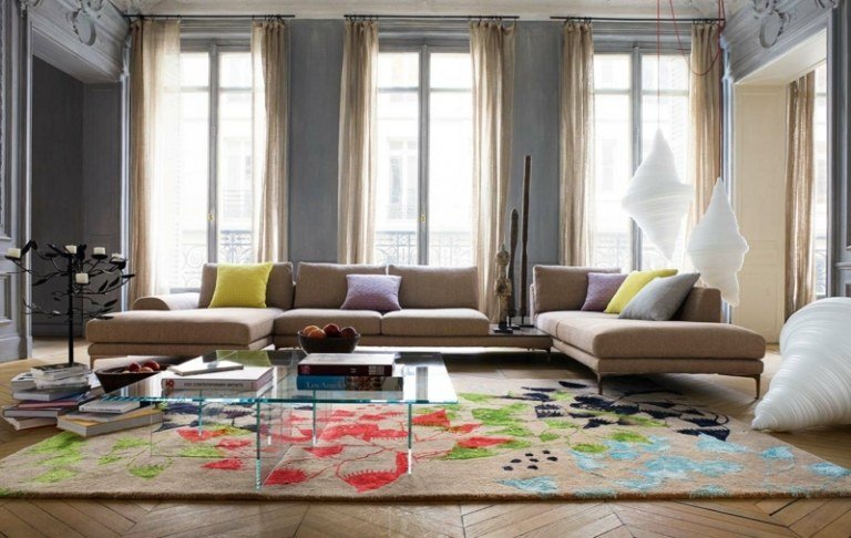 سجاد غرفة المعيشة البيج اللون الأساسي نمط ملون هندسية ركن الأريكة الحديثة