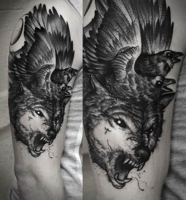 الوشم الذئب fenriswolf فنرير أسنان الغراب مزيج الذراع العلوي
