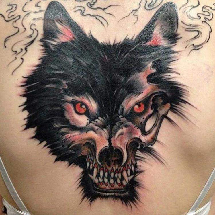 الوشم الذئب رئيس الجمجمة الأصلي أسود أحمر لهجات أسنان سوداء