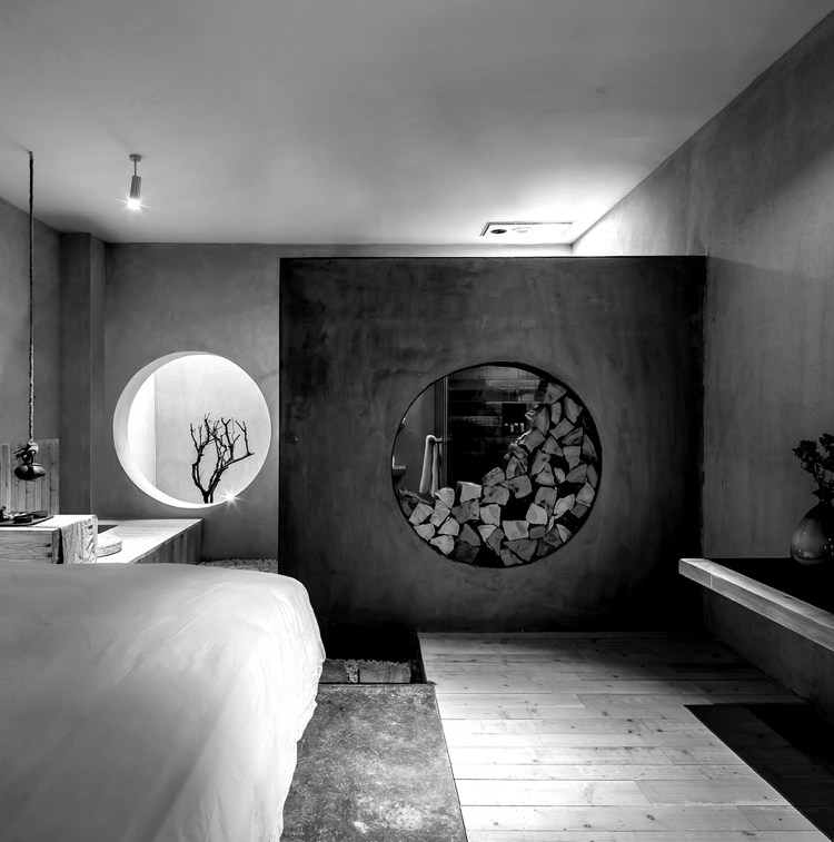 zen design hotel room الحد الأدنى من الجدران الخرسانية الخشبية