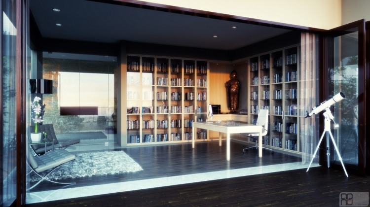 تصميم غرف المكتب المنزلى - افكار - رفوف كتب - واجهات زجاجية